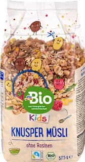 Bio muesli za otroke s polnozrnatimi žitnimi kosmiči, s koruznimi kosmiči, z ekstrudiranim žitom, deloma obliti s čokolado, 375 g