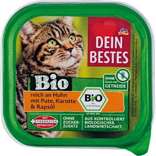 Bio popolna hrana za mačke s kokošjo, puro, korenjem in repičnim oljem, 100 g