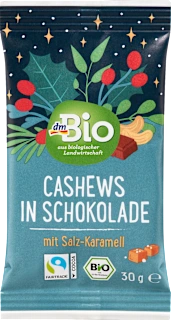 Bio praženi in soljeni indijski oreščki z oblivom iz čokolade s karamelo, 30 g