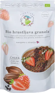Bio presna granola z okusom čokolade in liofiliziranimi jagodami, 300 g