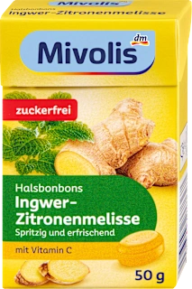 Bonboni z okusom melise in ingverja brez sladkorja, s sladili in vitaminom C, 50 g
