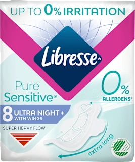 Damski nočni vložki PureSensitive Ultra Night+ s krilci, 8 kos