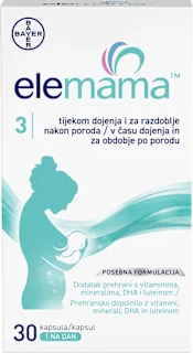 Prehransko dopolnilo ELEMAMA 3, v času dojenja in za obdobje po porodu, 30 kos