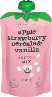 Sadna kaša Junior Mix z jabolkom, jagodo, žiti in vanilijo, 180 g