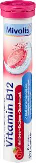 Šumeče tablete z vitaminom B12, z okusom malin in jagod, 20 kos