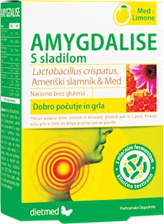 Žvečljive tablete za dobro počutje nosu in grla Amygdalise, med & limona, 20 kos