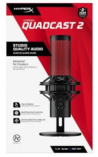 Mikrofon HP HyperX 2 QuadCast, za PC, PS5 ali Mac, vgrajen nosilec proti vibracij (872V1AA)