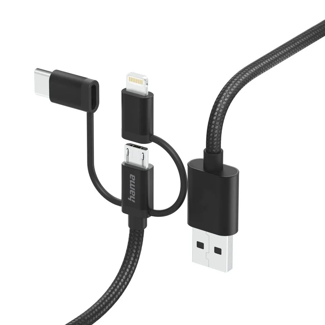 Večnamenski polnilni kabel Hama 3-v-1, USB-A - Micro-USB, USB-C & Lightning, 1,5 m, črn