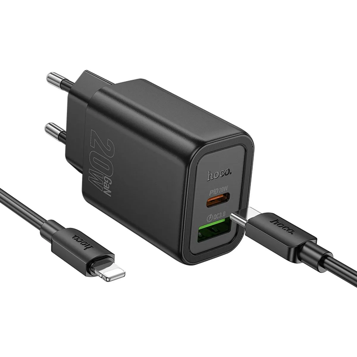 HOCO POLNILEC N61 GAN PD 20W USB-A, TYPE C S KABLOM TYPE C NA LIGHTNING ZA IPHONE - ČRN