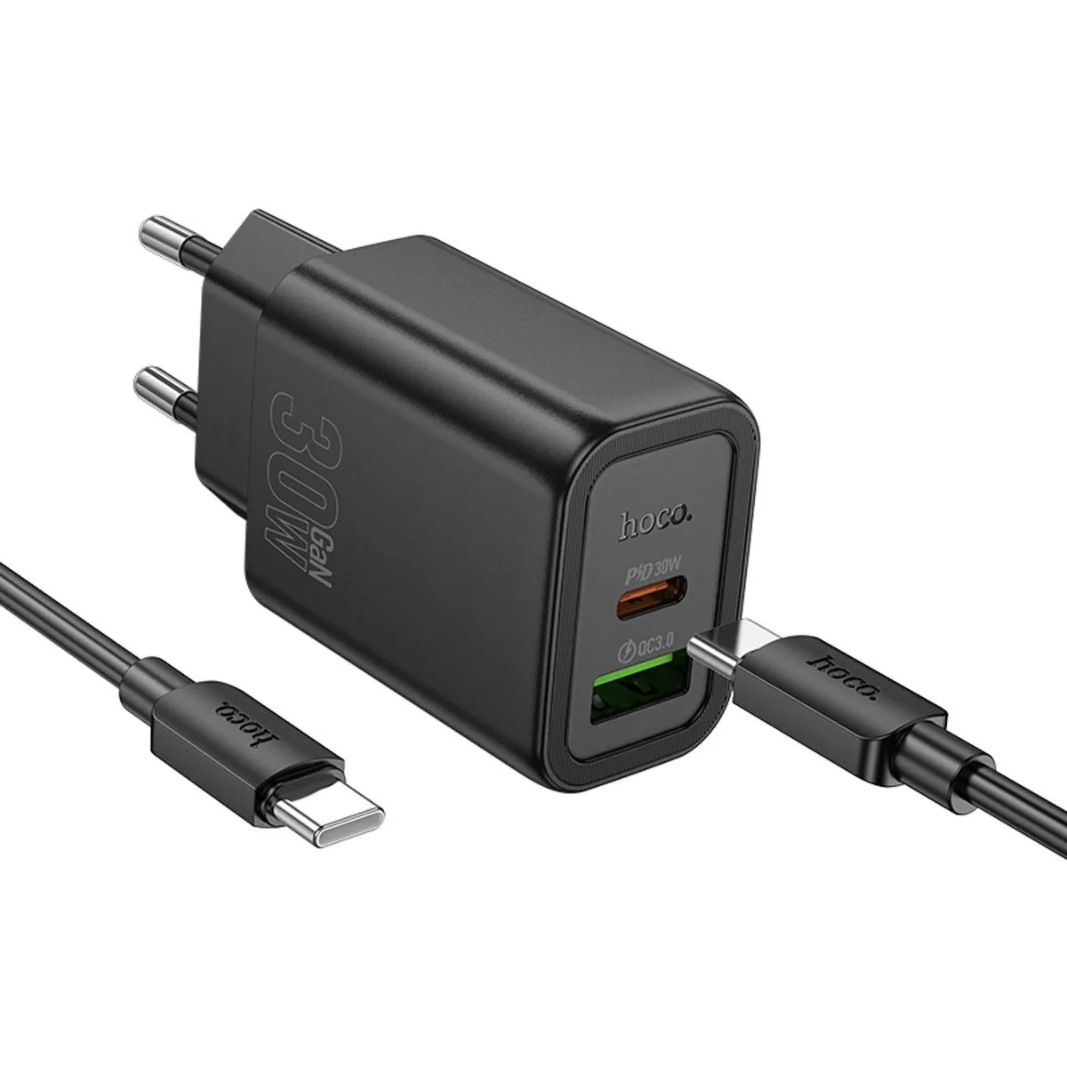 HOCO POLNILEC N63 GAN PD 30W USB-A, TYPE C S KABLOM TYPE C NA TYPE C ZA SAMSUNG - ČRN