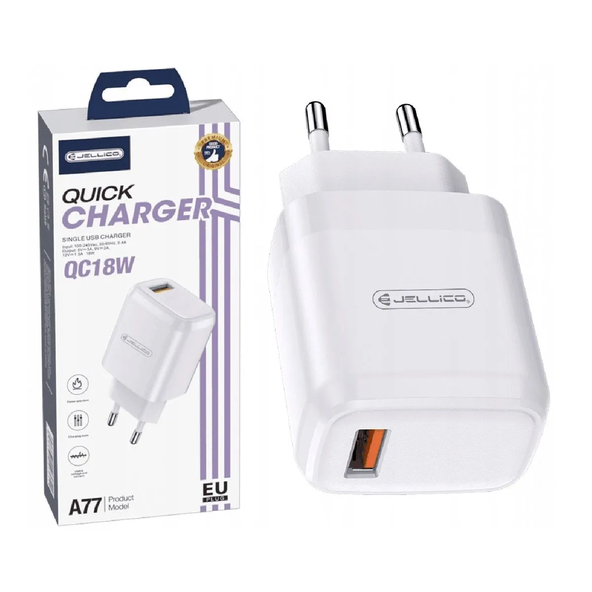 JELLICO ADAPTER A77 HIŠNI POLNILEC 3.0A QUICK CHARGE 22,5 W VHOD USB A - ORIGINAL (EU BLISTER) - BEL