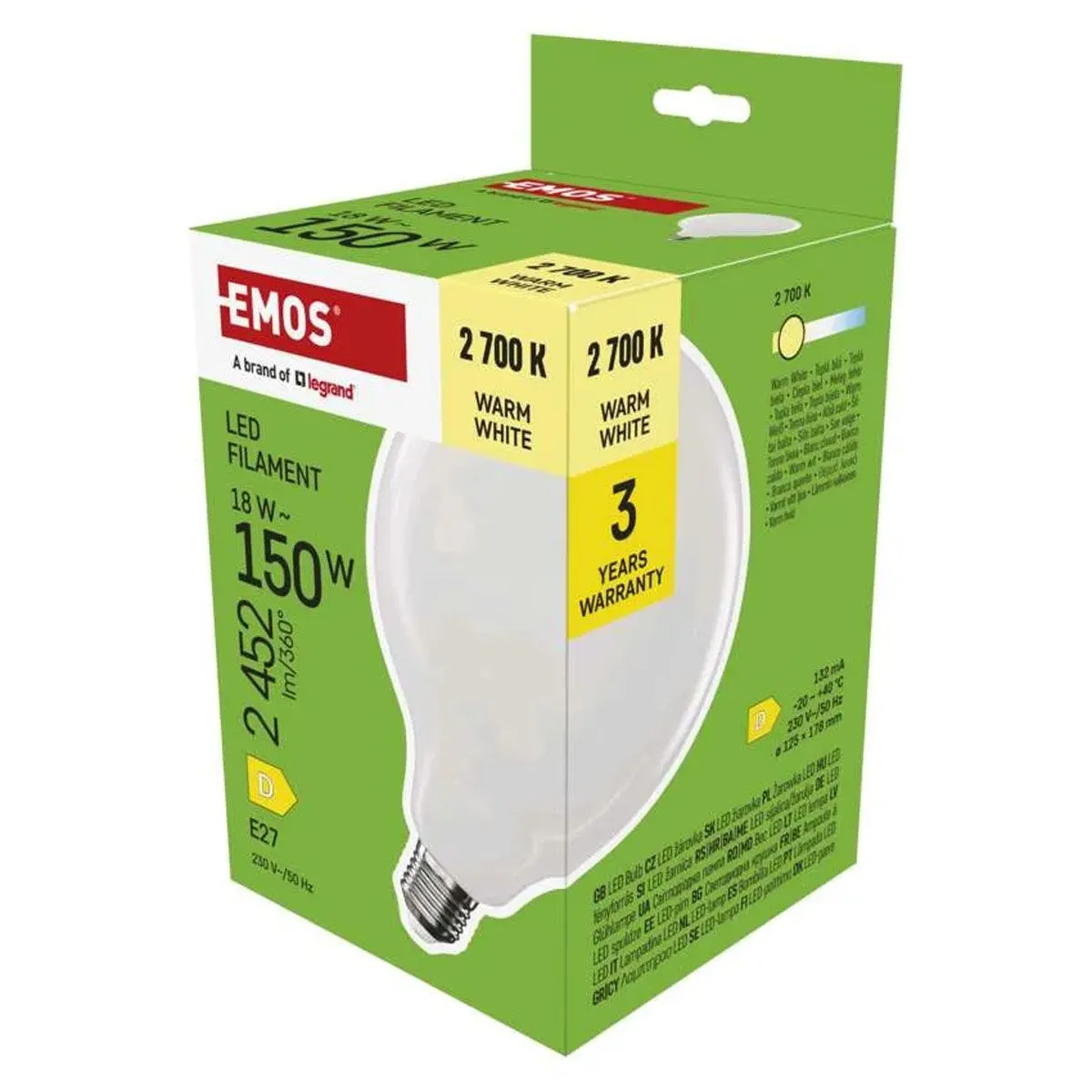 LED ŽARNICA E27 EMOS FLM G125 GLOBE 18W WW