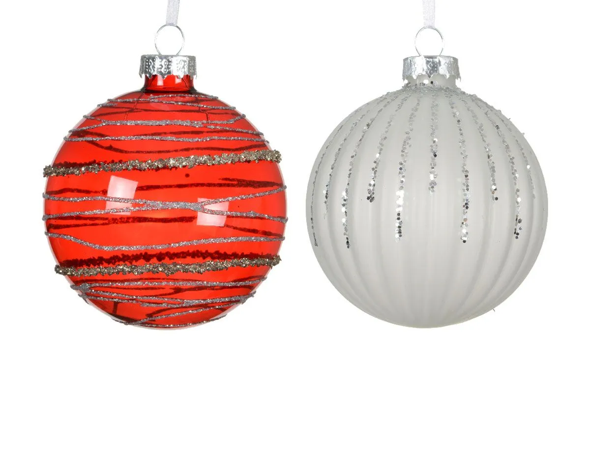 STEKLENA BUNKA DECORIS FI 8 CM, RDEČA, BELA VZOREC, SORTIRANO