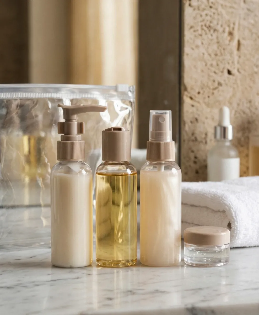 Set potovalnih posodic v kozmetični torbici